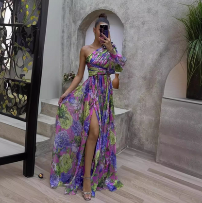 Vestido maxi mujer de verano con hombro descubierto y estampado