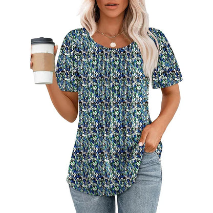 Camiseta Mujer Manga Corta Pliegues Cuello Redondo