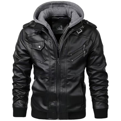 Chaqueta hombre de cuero con capucha y cremallera