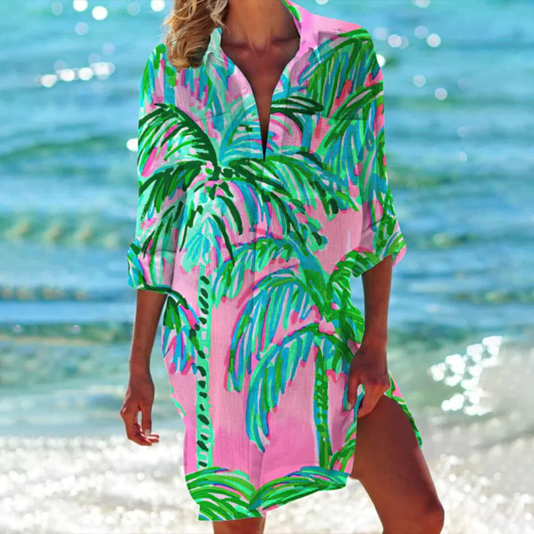 Vestido Playa Mujer Estampado Manga Larga con Botones