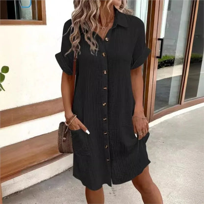 Vestido Camisero Mujer de Lino y Algodón Botones Bolsillos