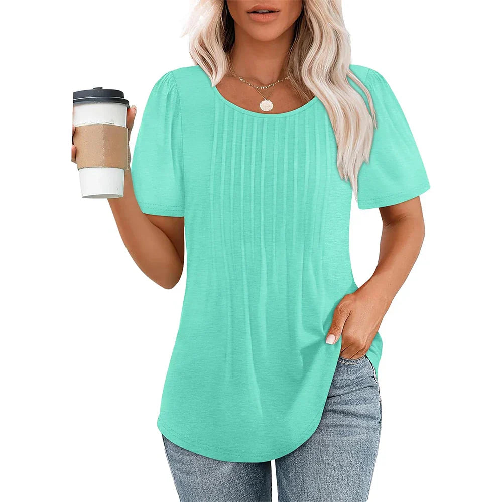 Camiseta Mujer Manga Corta Pliegues Cuello Redondo
