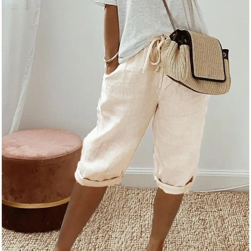 Pantalones Cortos Mujer de Lino y Algodón Cintura Elástica