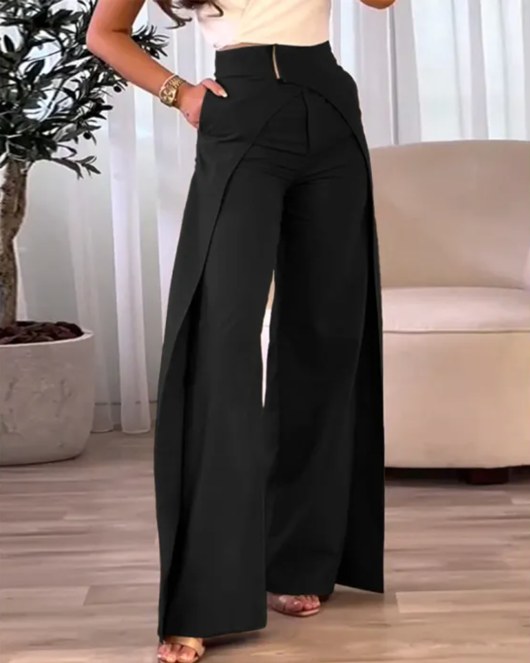 Pantalón Mujer Fluido Talle Alto Corte Amplio Abertura