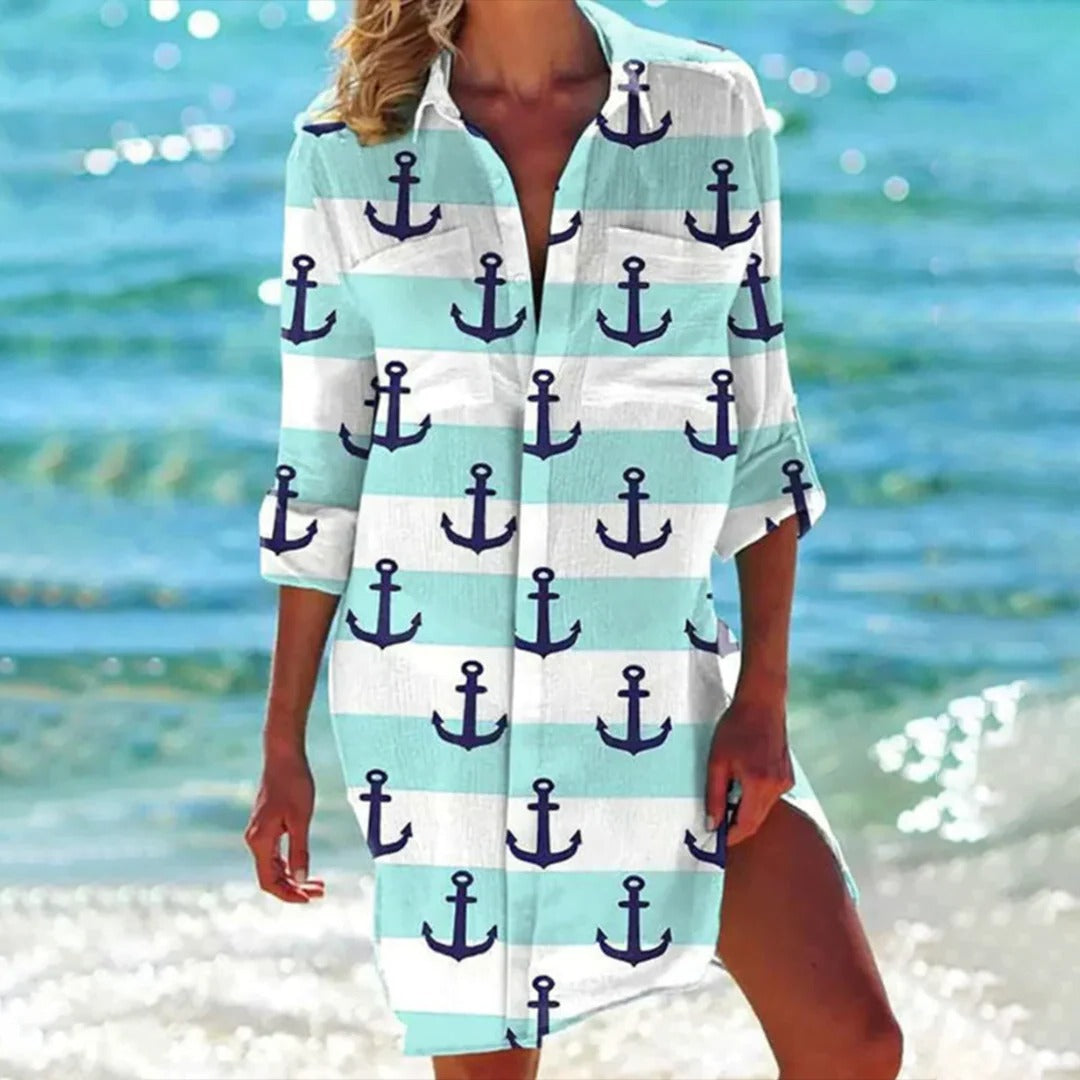 Vestido Playa Mujer Estampado Manga Larga con Botones