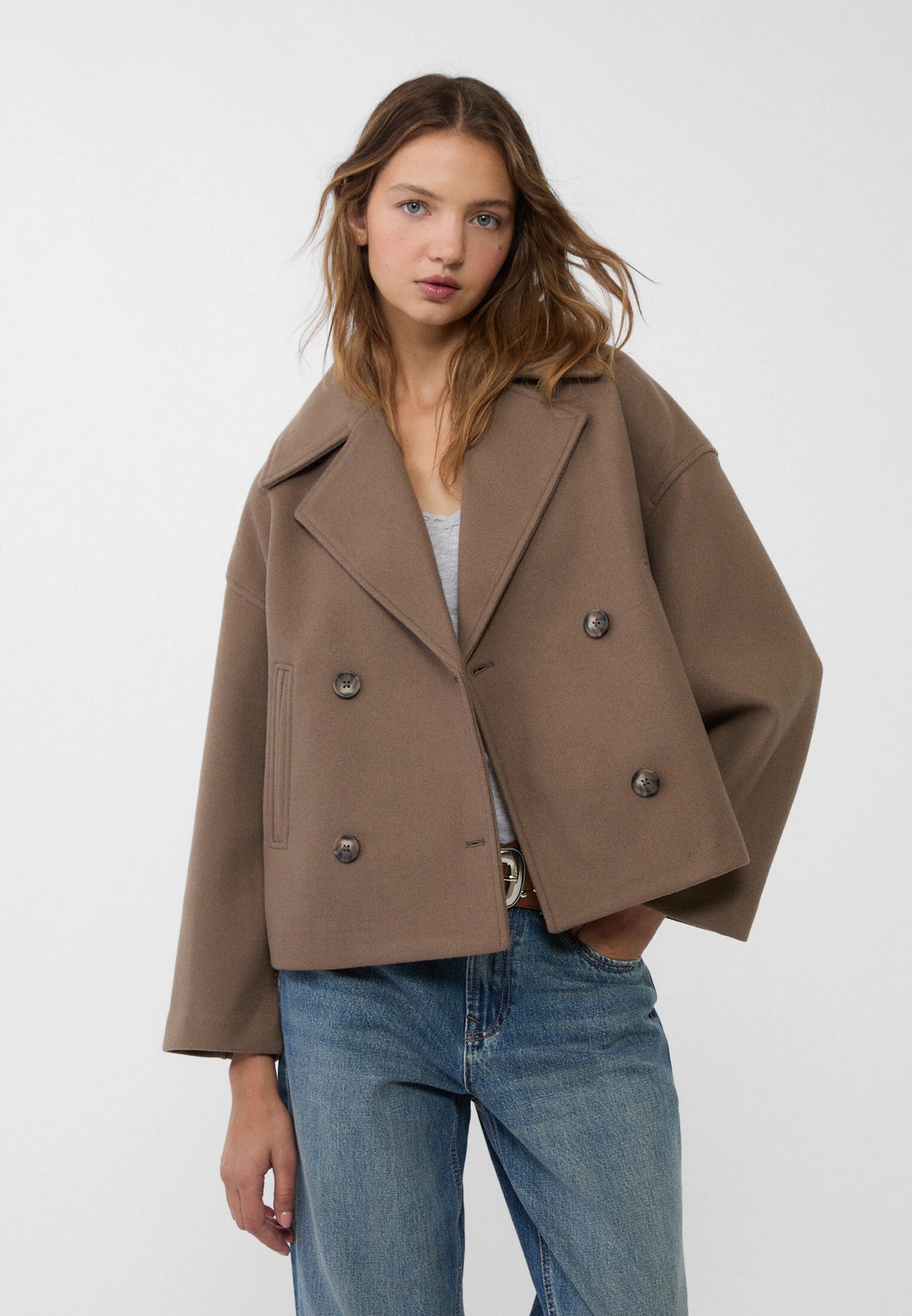 Chaqueta corta mujer de lana cruzada cuello solapa doble botonadura