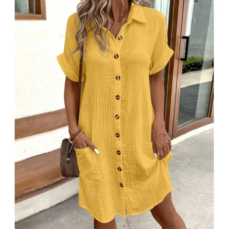 Vestido Camisero Mujer de Lino y Algodón Botones Bolsillos