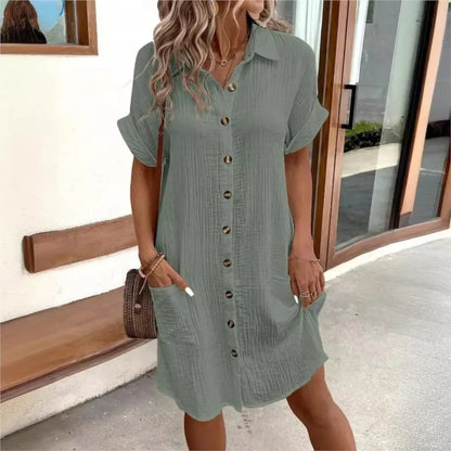 Vestido Camisero Mujer de Lino y Algodón Botones Bolsillos