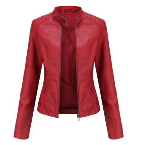 Chaqueta Biker Mujer de Cuero Sintético Cremallera Cuello Solapa