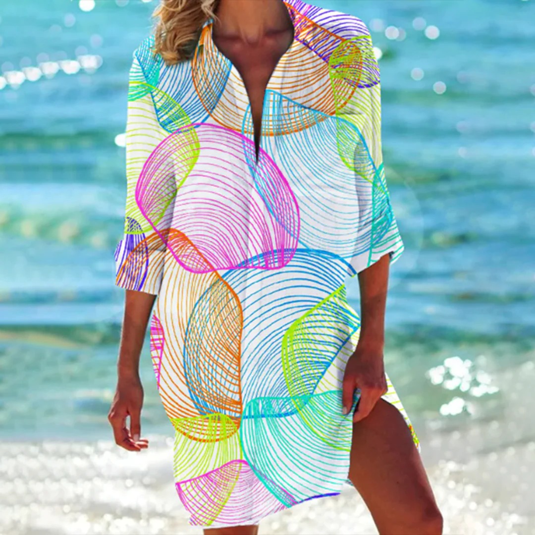 Vestido Playa Mujer Estampado Manga Larga con Botones