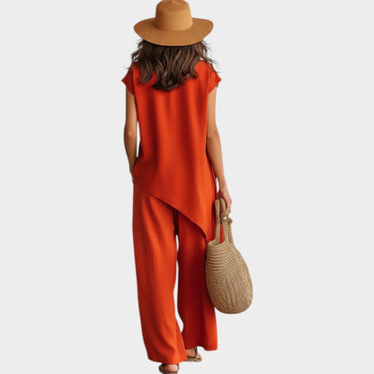 Conjunto Mujer Lino Fluido Diseño Asimétrico Botones Laterales