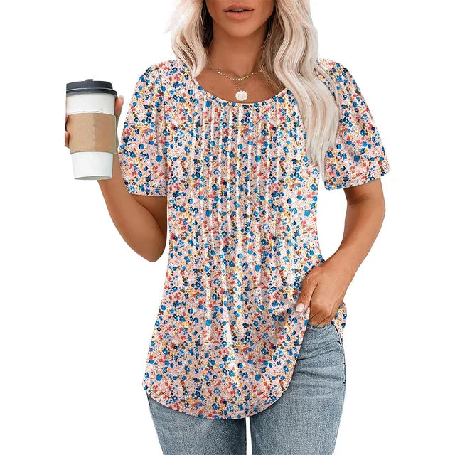 Camiseta Mujer Manga Corta Pliegues Cuello Redondo