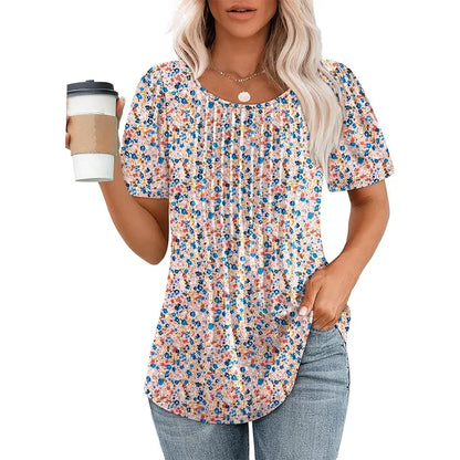 Camiseta Mujer Manga Corta Pliegues Cuello Redondo
