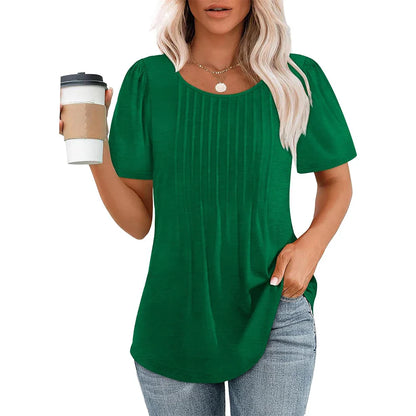 Camiseta Mujer Manga Corta Pliegues Cuello Redondo