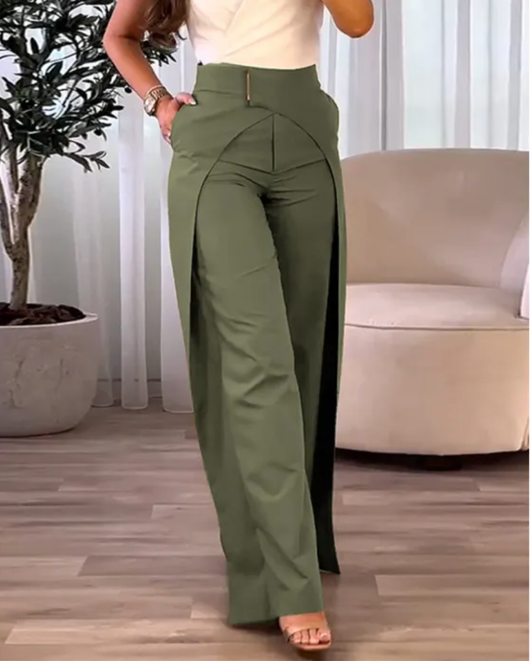 Pantalón Mujer Fluido Talle Alto Corte Amplio Abertura