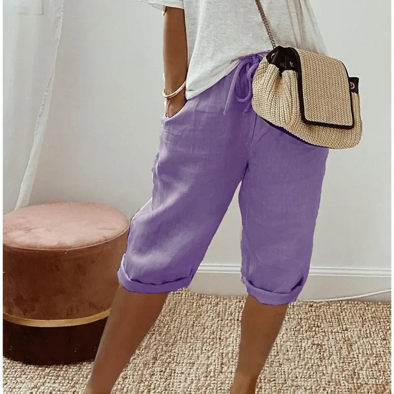 Pantalones Cortos Mujer de Lino y Algodón Cintura Elástica