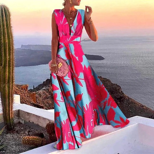 Vestido maxi mujer sin mangas escote en V estampado floral - Mavetta