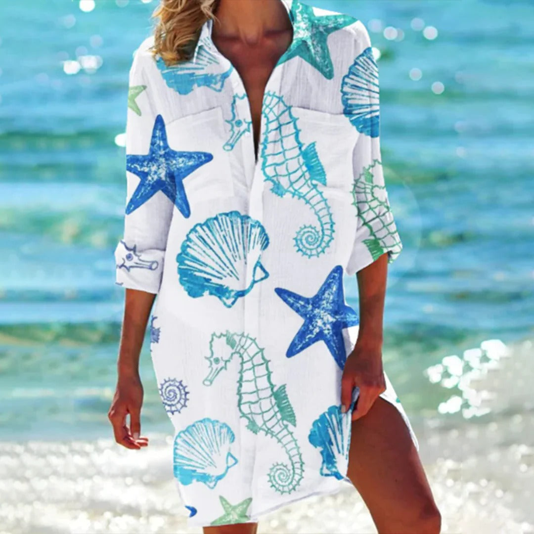 Vestido Playa Mujer Estampado Manga Larga con Botones