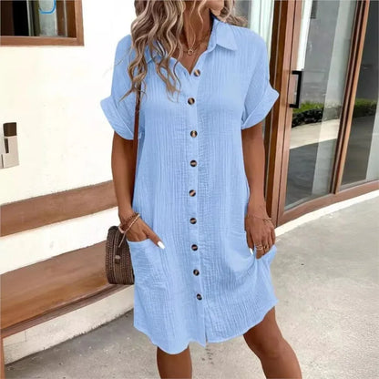 Vestido Camisero Mujer de Lino y Algodón Botones Bolsillos
