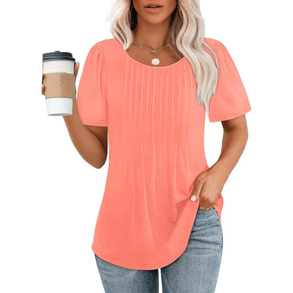 Camiseta Mujer Manga Corta Pliegues Cuello Redondo