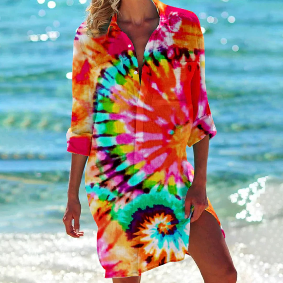 Vestido Playa Mujer Estampado Manga Larga con Botones