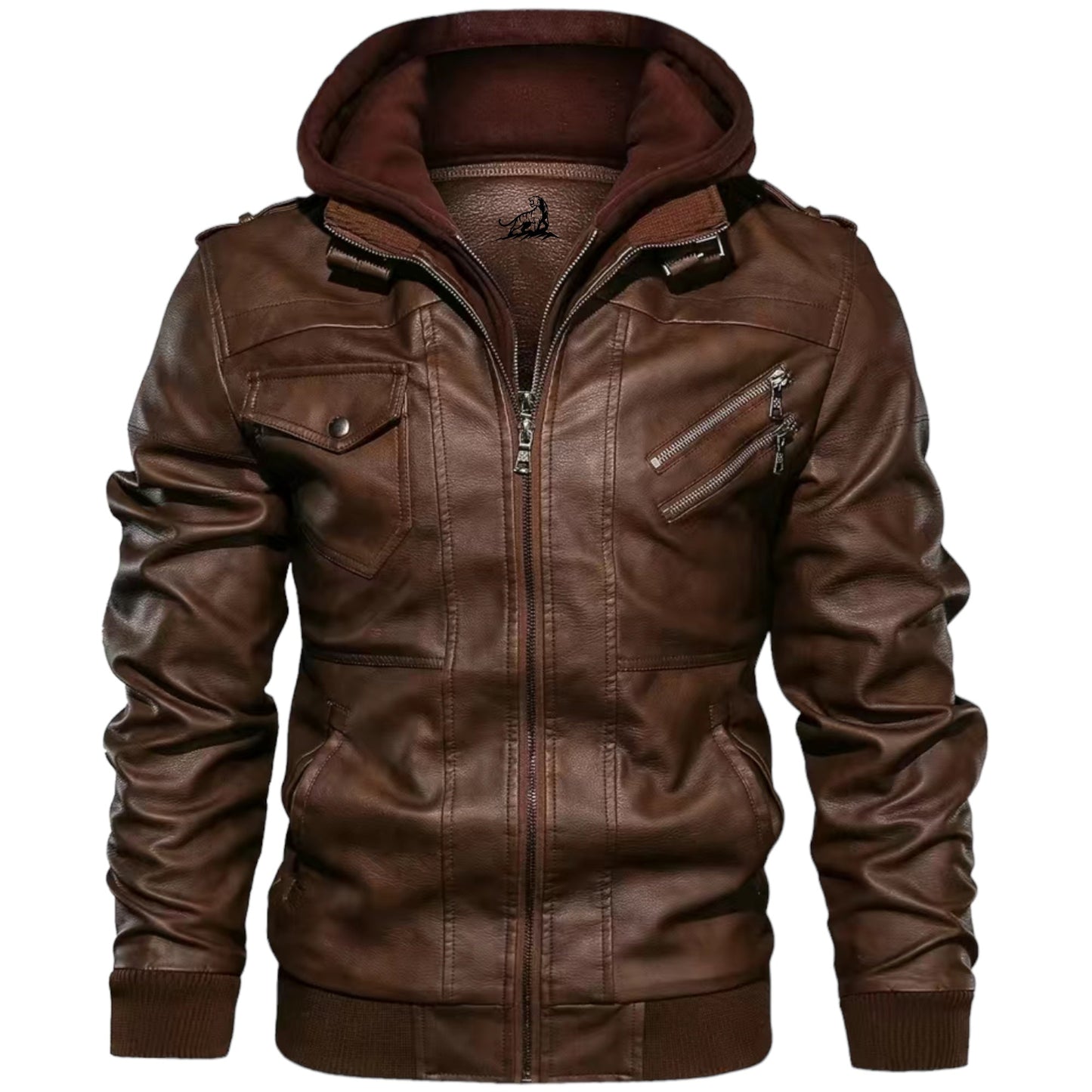 Chaqueta hombre de cuero con capucha y cremallera