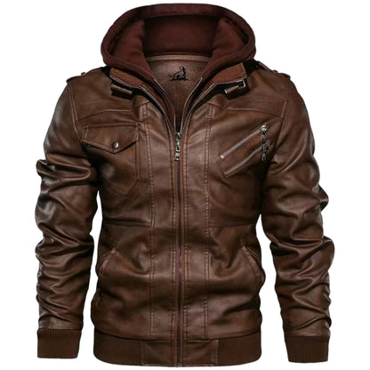 Chaqueta hombre de cuero con capucha y cremallera