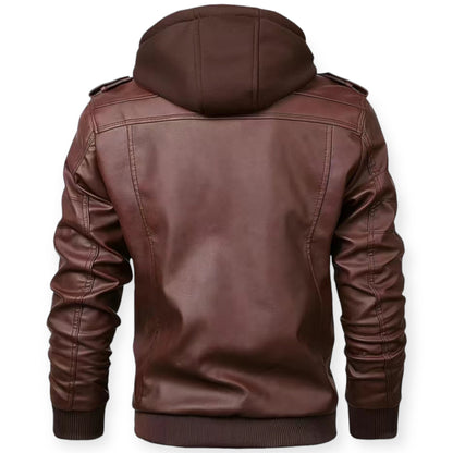 Chaqueta hombre de cuero con capucha y cremallera