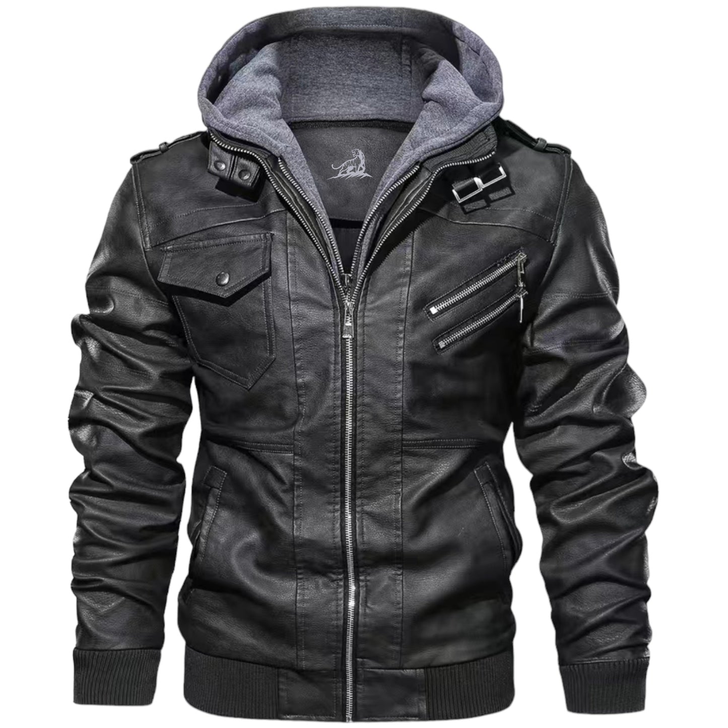 Chaqueta hombre de cuero con capucha y cremallera