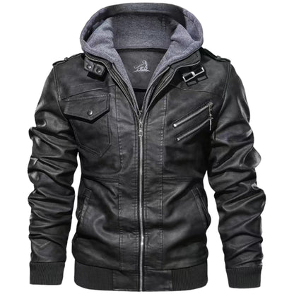 Chaqueta hombre de cuero con capucha y cremallera