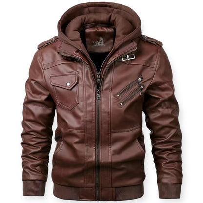 Chaqueta hombre de cuero con capucha y cremallera