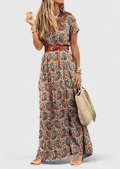Vestido maxi mujer estilo boho cuello en V manga corta
