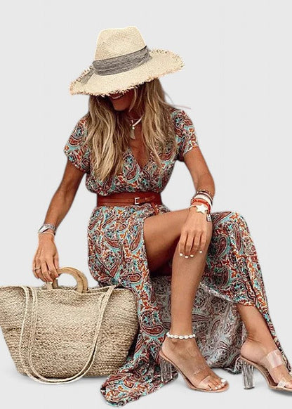 Vestido maxi mujer estilo boho cuello en V manga corta