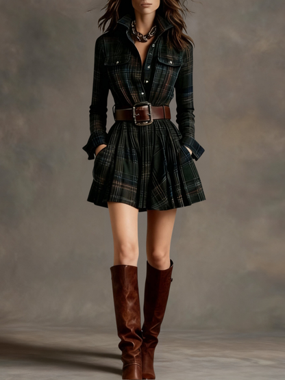 Vestido Corto Mujer Cuadros Algodón Camisero con Cinturón Ajustado