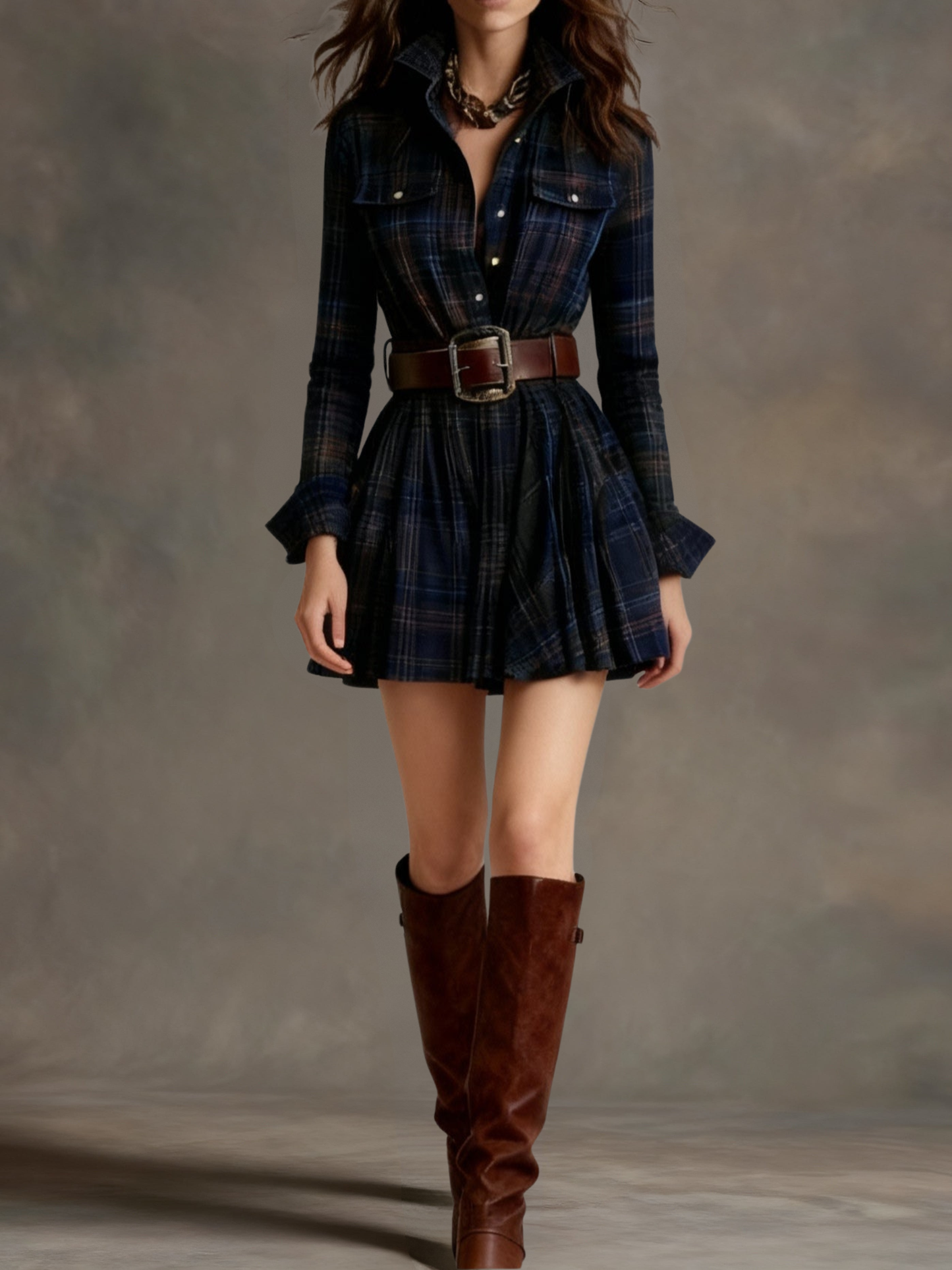 Vestido Corto Mujer Cuadros Algodón Camisero con Cinturón Ajustado