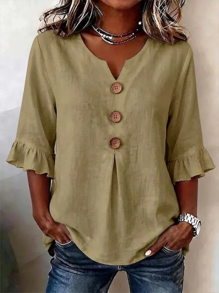 Camisa Mujer Cuello en V Botones Fluida y Comoda