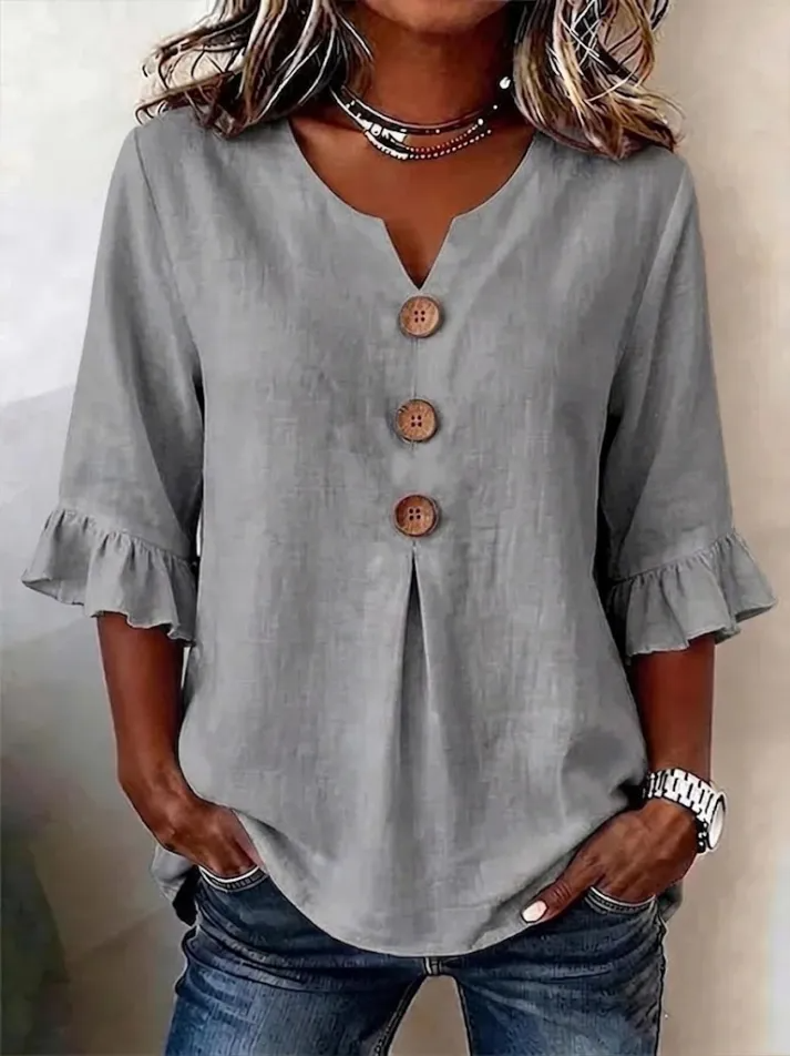Camisa Mujer Cuello en V Botones Fluida y Comoda