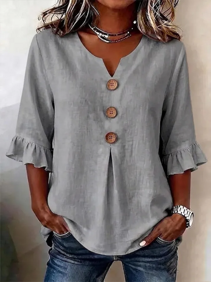 Camisa Mujer Cuello en V Botones Fluida y Comoda