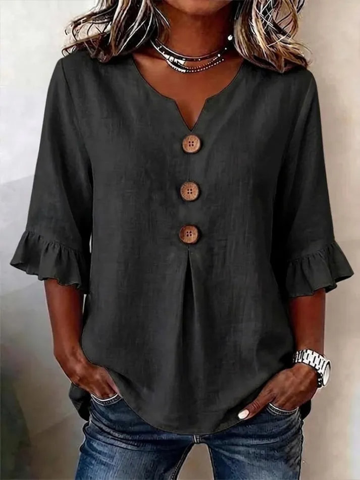 Camisa Mujer Cuello en V Botones Fluida y Comoda