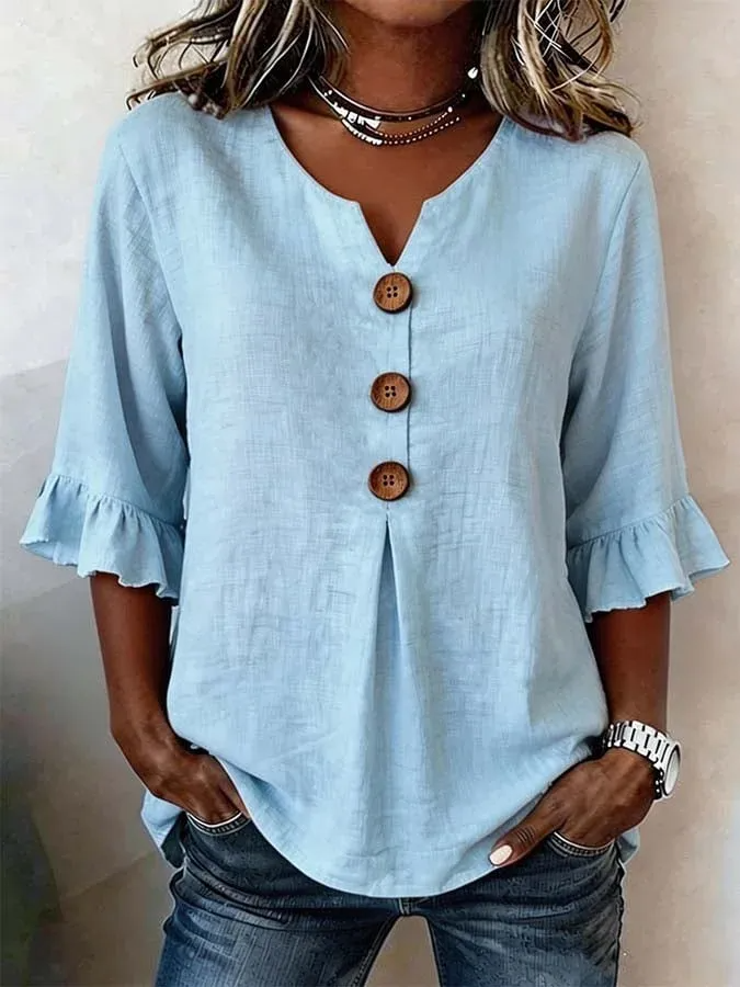 Camisa Mujer Cuello en V Botones Fluida y Comoda