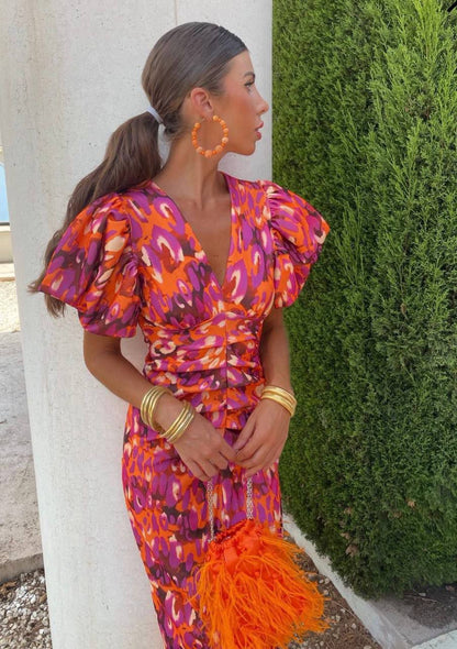 Vestido mujer escote en V mangas abullonadas estilo femenino