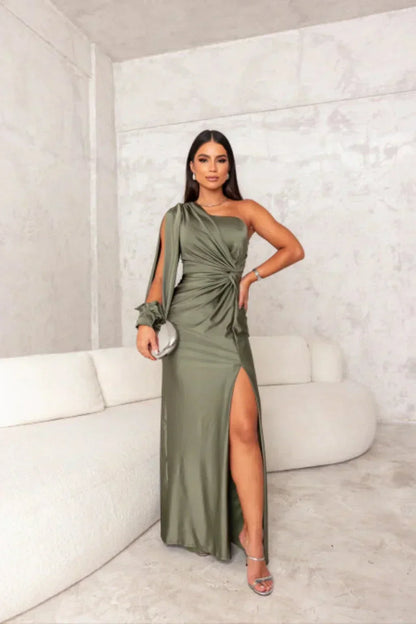 Vestido Mujer Satinado Manga Asimétrica