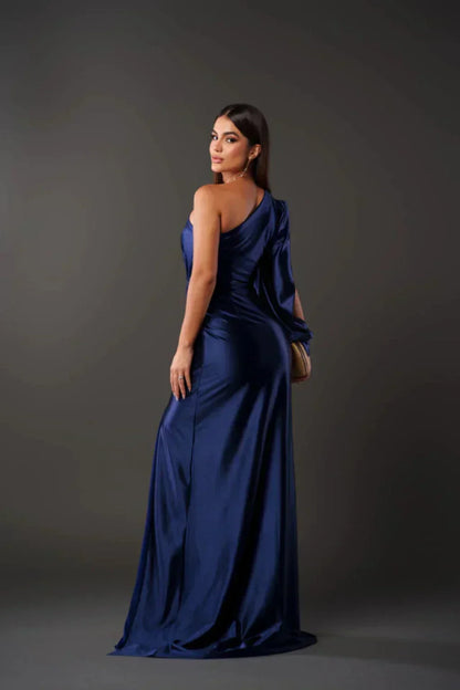 Vestido Mujer Satinado Manga Asimétrica