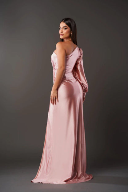 Vestido Mujer Satinado Manga Asimétrica
