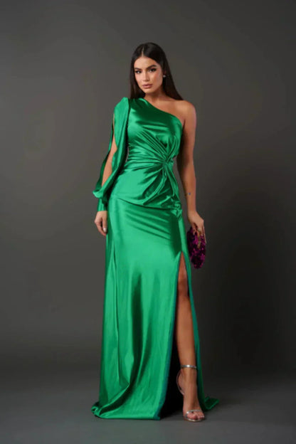 Vestido Mujer Satinado Manga Asimétrica