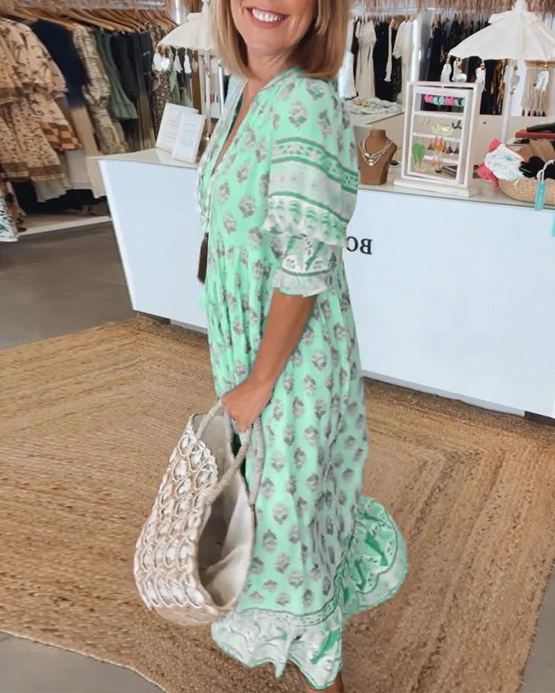 Vestido midi mujer de tejido ligero con lazos y flecos bohemio