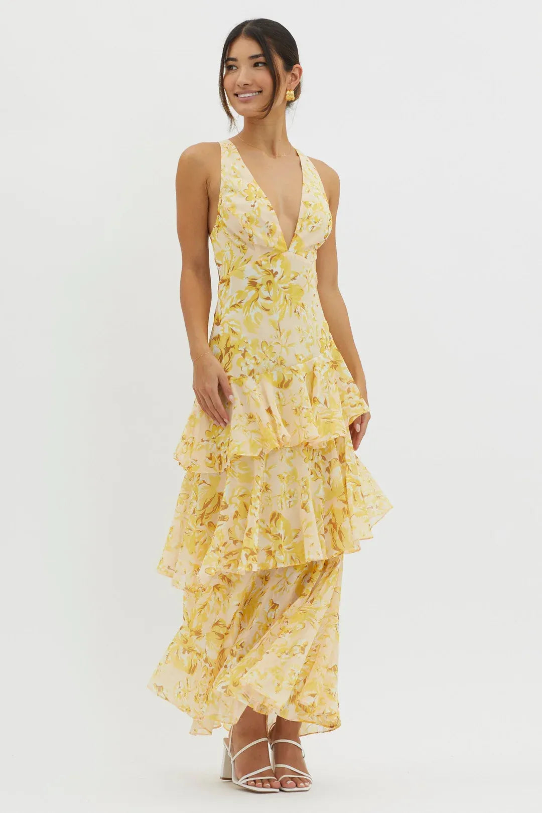 Vestido largo mujer de tela ligera con volantes