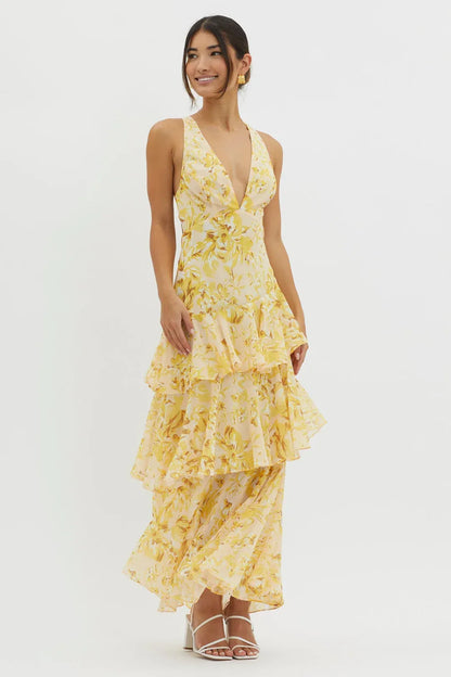Vestido largo mujer de tela ligera con volantes