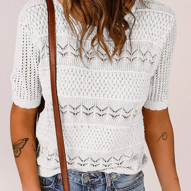 Suéter Mujer de Crochet Cuello Redondo Manga Corta