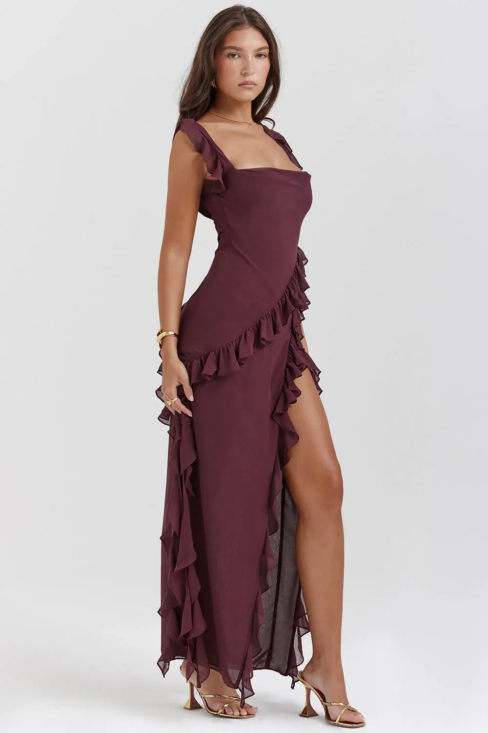 Vestido Largo Mujer con Volantes y Abertura